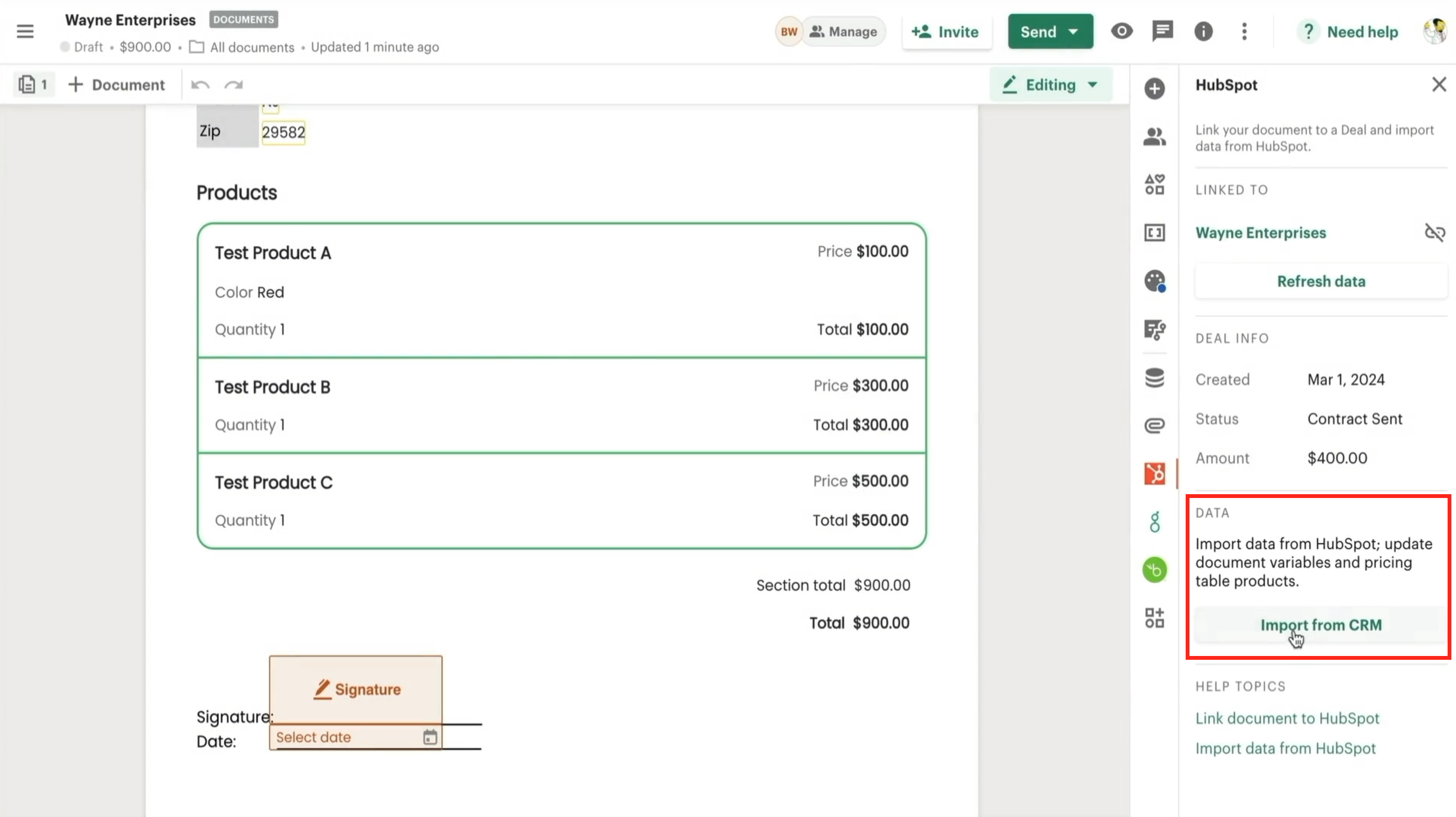 Screenshot data sync with HubSpot and Pandadoc